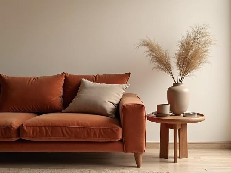A cozy interior setting with a plush rust-colored velvet sofa. A beige pillow is on the sofa. A sculptural wooden side table is beside it. The table holds a matte earthenware vase with dried flowers and a small cup and saucer. The background has a muted cream wall. The flooring is light wood. The color palette is warm and earthy with soft lighting. The composition features a side view with harmonious textures and shapes.