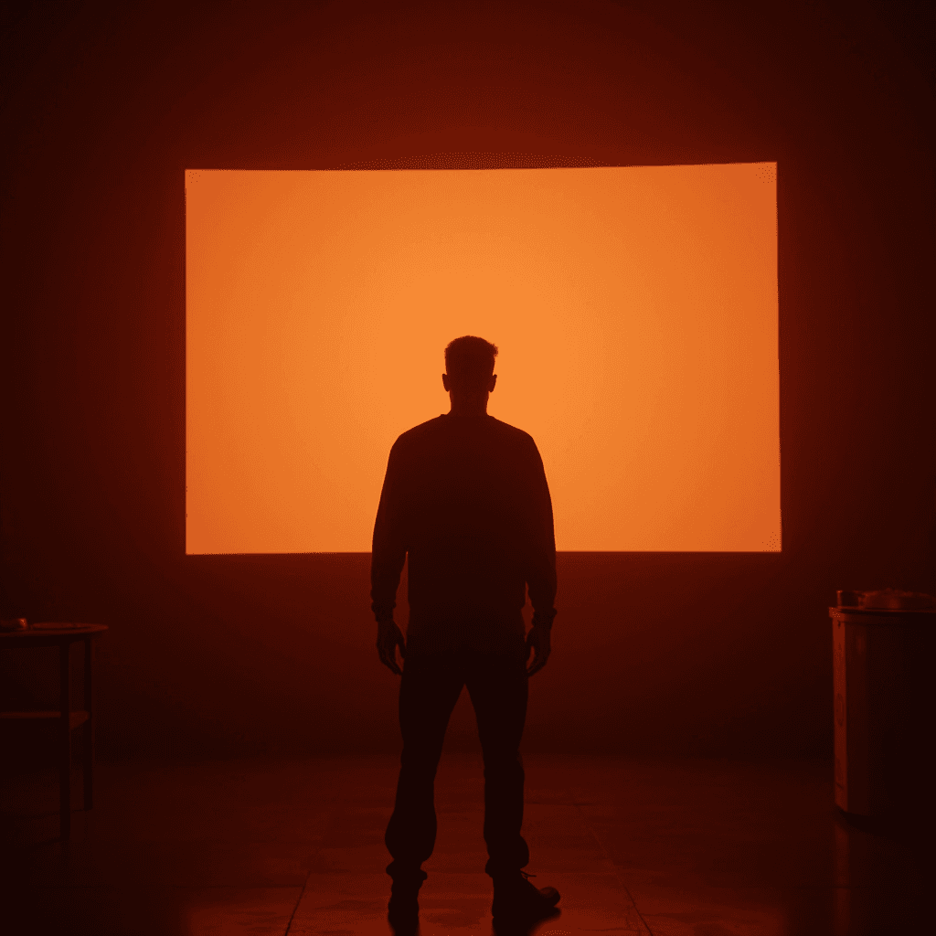 A person stands silhouetted against a large, glowing orange rectangle in a dimly lit room.