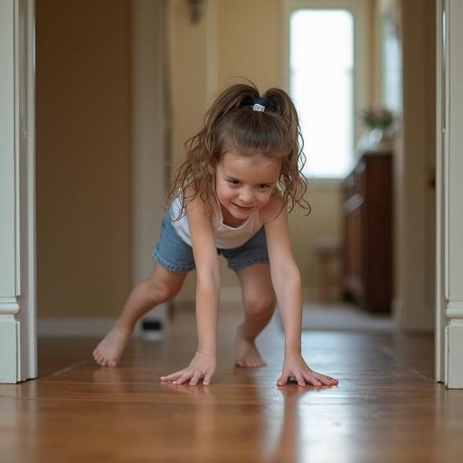 A girl playing in a home environment flips off the camera. She slips and falls onto the wooden floor. The scene captures a playful moment.