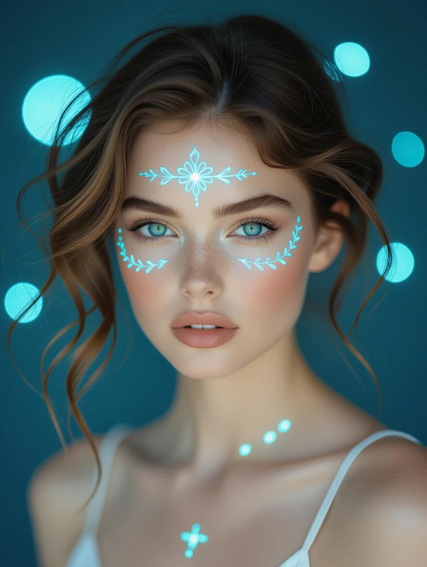 Photograph of a woman with fair skin and striking blue-green eyes. She has wavy, brown hair and gazes directly at the viewer. Glowing, translucent blue symbols are written on her face and skin. Bright blue light creates a magical atmosphere. Dark, blurred background with circular light patterns adds depth. Composition uses leading lines to draw attention to her eyes. Rule of thirds applied, placing her face in the upper third of the image. Detailed and realistic style with fantasy elements introduced by light.