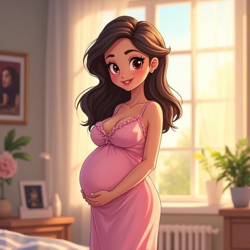 Cartoon character as cheerful female in casual sexy nightgown. Light indoor setting with bright natural light. Art style inspired by Dragon Ball. 4k resolution with HDR quality.