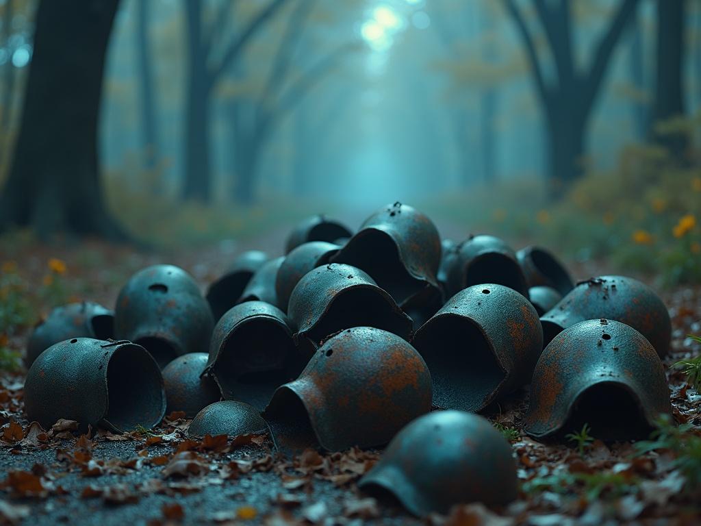 A pile of rusted broken armor lies on the ground. Pieces glow faintly with ghostly light. The background features a misty forest. Autumn leaves are scattered around.