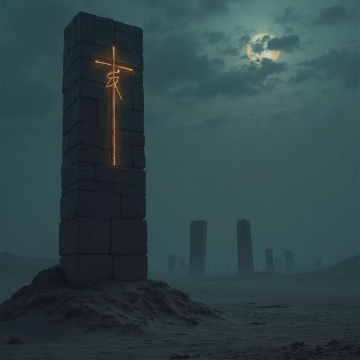 A towering ancient stone pillar partially buried in desert sand at dusk with a faintly glowing symbol etched onto its surface. In the background, shadowy monoliths loom under a dark, cloudy sky. Subtle fog drifts across the ground. Symbolic and dark cinematic art evokes mystery and forgotten history. High contrast lighting. Digital painting inspired by noir documentary art and historical drama posters.