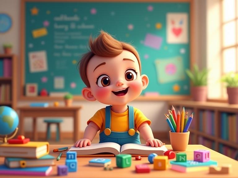 Create illustration of cartoon baby boy at colorful school desk. Boy has big expressive eyes and joyful expression. He wears a colorful outfit. Surround him with stacks of books and colorful pencils. Classroom has soft lighting and pastel colors. Add whimsical educational posters and a globe in background.