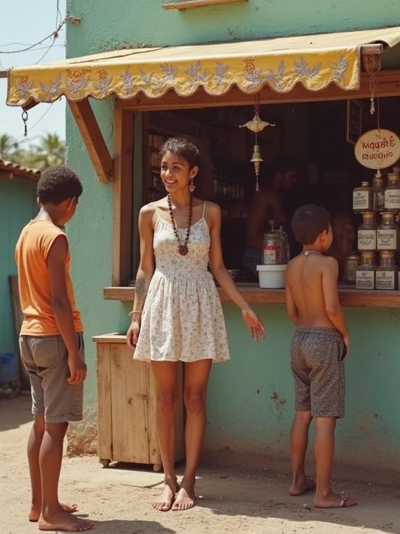 A woman in a sundress talks to two boys at a neighborhood stand. Bright colors enhance a lively atmosphere. The setting includes a shop with a sign advertising massages. The scene is casual and community-oriented.