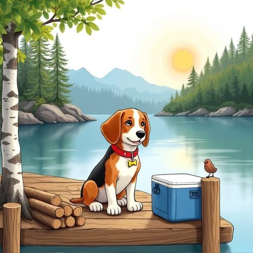 Watercolor illustration of a beagle puppy sitting on a wooden dock by a lake. The dog has a red collar with a tag. Beside the dog is a blue cooler and a small bird. Logs are stacked on the dock. Birch tree on the left side. Calm lake with pine trees and mountains in the background. Sun is shining in the sky.