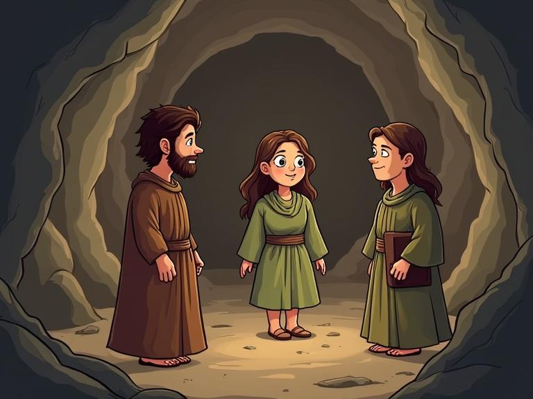 Cartoon scene in a cave. Three people gather, two men and one woman. They wear modest clothing. The environment is rocky and soft-lit.