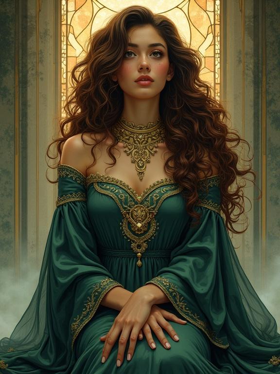 Illustrated portrait of a High Priestess. Depicts a woman with curly, shimmering hair and rich garments. She has a contemplative expression. Background suggests a sacred space with stained-glass windows.