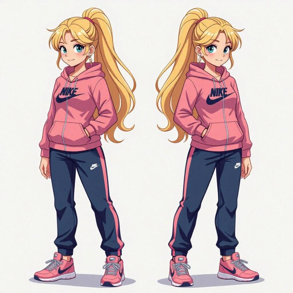 Character reference sheet for Brianna Miller Jr. A human girl with freckles and long light-blonde hair tied in a ponytail. Wearing a pink tracksuit hoodie and navy-blue tracksuit pants. She has pink and navy-blue Nike Jordan trainers. Set on a white background.