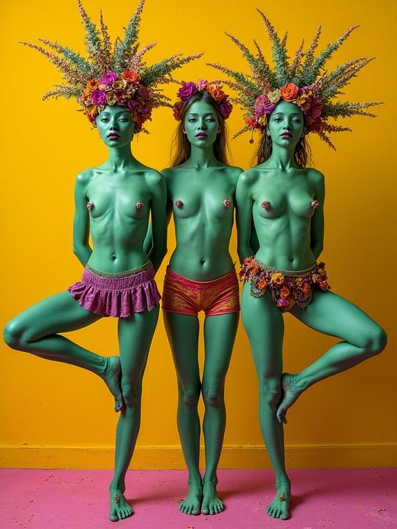 A surreal whimsical portrait featuring three yoga practitioners. They have unique green skin tones and floral headdresses. Adorned in eccentric attire with vibrant colors,. The background is a contrasting bright yellow ocher.