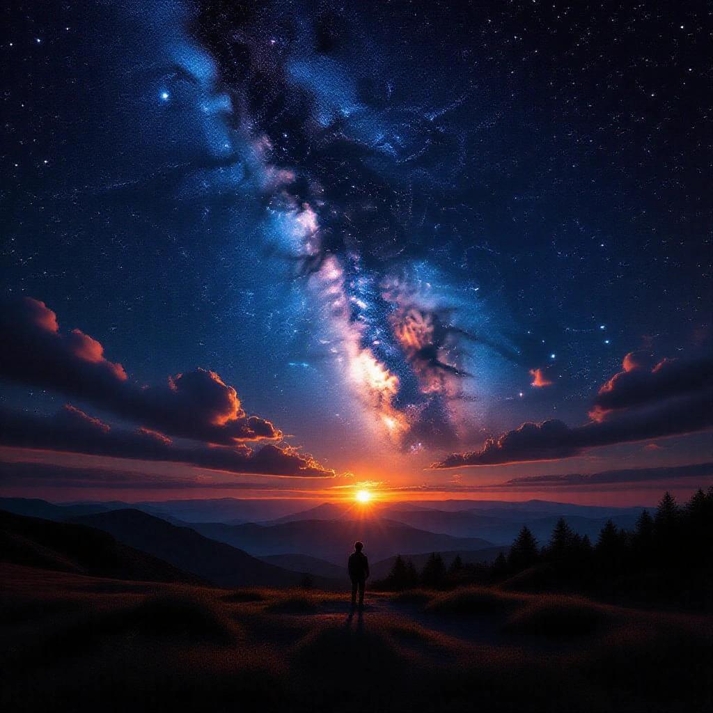 Raw photo with dark dreamlike surreal landscape under a glowing nebula sky. Vivid colors illuminate the scene. A lone figure stands below the celestial display.