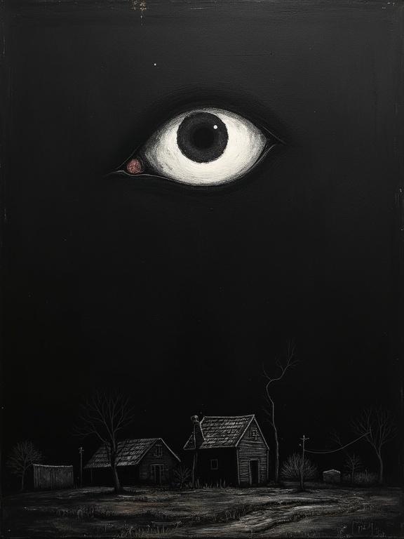 An extremely rough oil painting on a completely black background features a giant silhouette eye. The eye is filled with a cosmic void. Below the eye, a rough sketch of a small rural town appears. The title 'That Familiar Static' and 'H. Bellerose' is written in eerie distorted text.