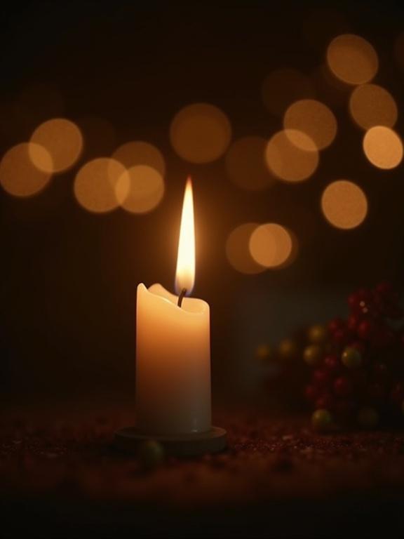 Hyper-realistic artwork featuring a single lit white candle in the foreground. Candle flame steady and serene, symbolizing cherished memory and peace. Background dark with soft bokeh of golden lights representing memories and souls. Atmosphere conveys serenity, eternal love, and hope.