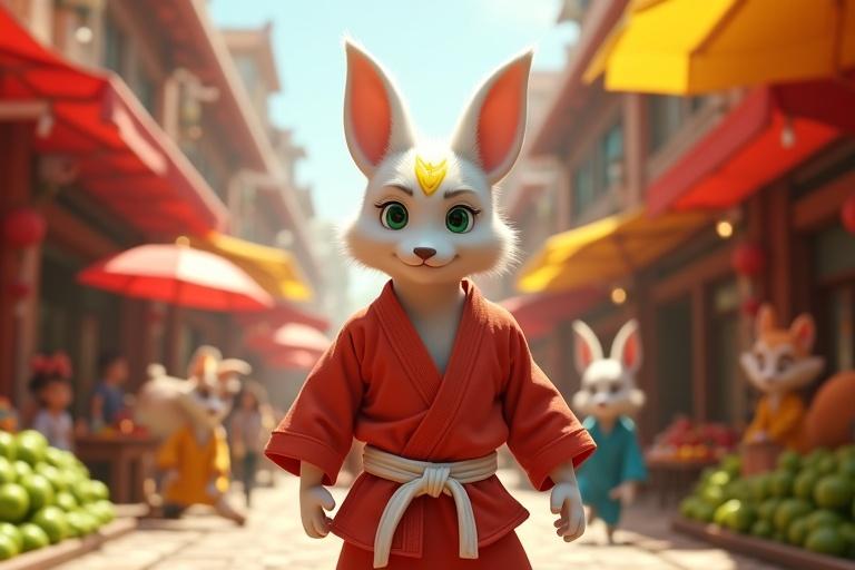 Scene set in vibrant market square of Chandrapur. Kittuu has white fur and green eyes. He stands in light red karate gi with white belt. Expression is defiant. Animals around wear colorful attire. Market features red and yellow awnings and green produce. Ground is cobblestone and reflects sunlight. Scene is lively and full of activity. Textures are hyper-realistic with detailed fur and fabric folds.