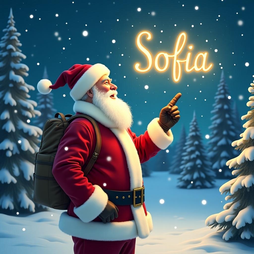 The image captures a joyful Santa Claus in a snowy village, where he is writing the name 'Sofia' in the sky. It’s a perfect winter evening filled with snowflakes gently falling around him. Santa is dressed in his traditional red suit with white trim and a matching hat, showcasing his iconic look. He stands in a winter wonderland with snowy trees in the background, creating a magical holiday atmosphere. This scene embodies the spirit of Christmas, making it ideal for festive greetings and holiday-themed promotions.