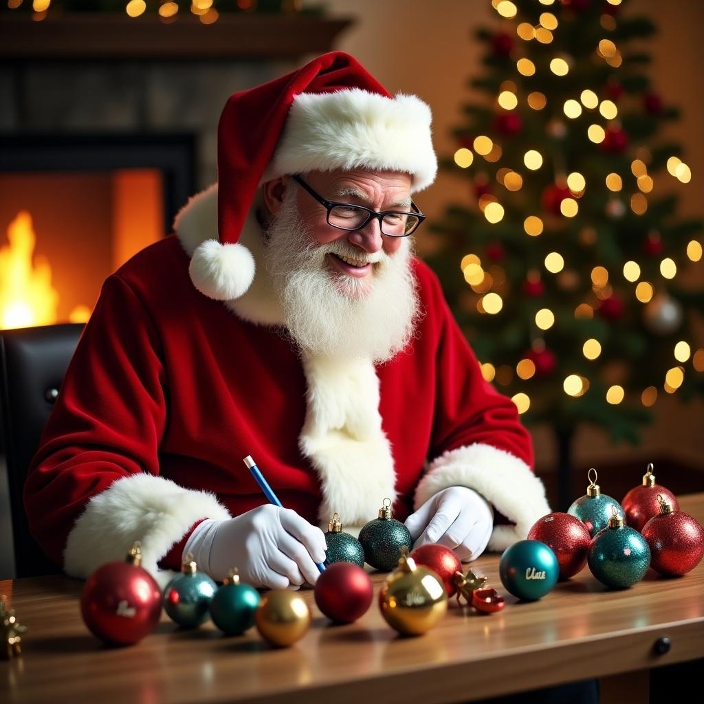 Santa writing names on holiday baubles. Baubles in different colors. Fireplace in the background. Christmas tree decorated with lights. Cozy festive atmosphere.