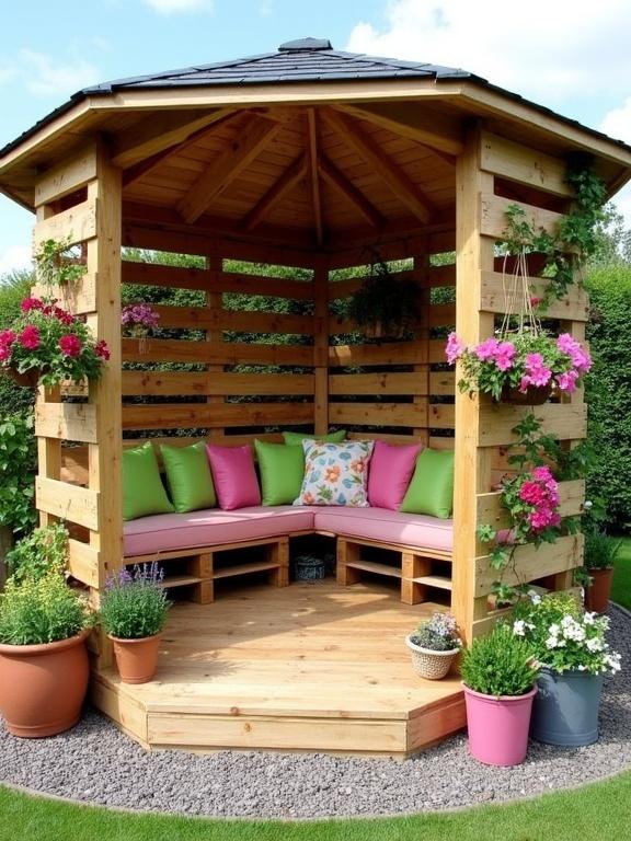 Charming outdoor gazebo constructed from wooden pallets. Rustic yet cozy seating area in an octagonal shape. Open roof made of horizontal wooden slats. Vertical wooden beams support structure. Open slats for semi-private feel. Decorated with climbing vines and hanging plants. Built-in wooden bench with green and pink pillows. Floral patterns add color. Wooden planks on the floor in a radial pattern. Surrounded by potted plants and hanging baskets. Flowers in various shades and lush green foliage. Set on gravel with green grass backdrop.