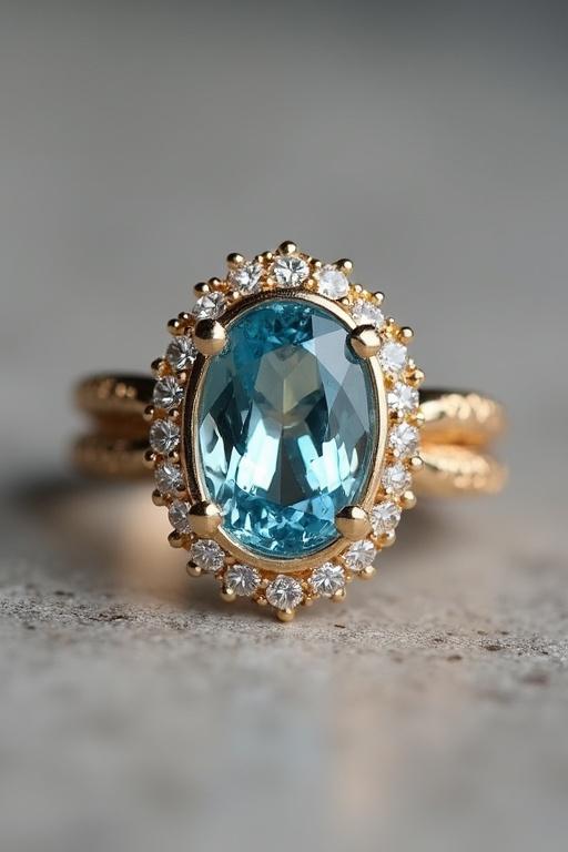Aquamarine ring features elongated oval stone measuring 20 millimeters long and 7.5 millimeters wide. The ring showcases a gold band with diamond accents. The image captures the intricate details and elegance of the piece.