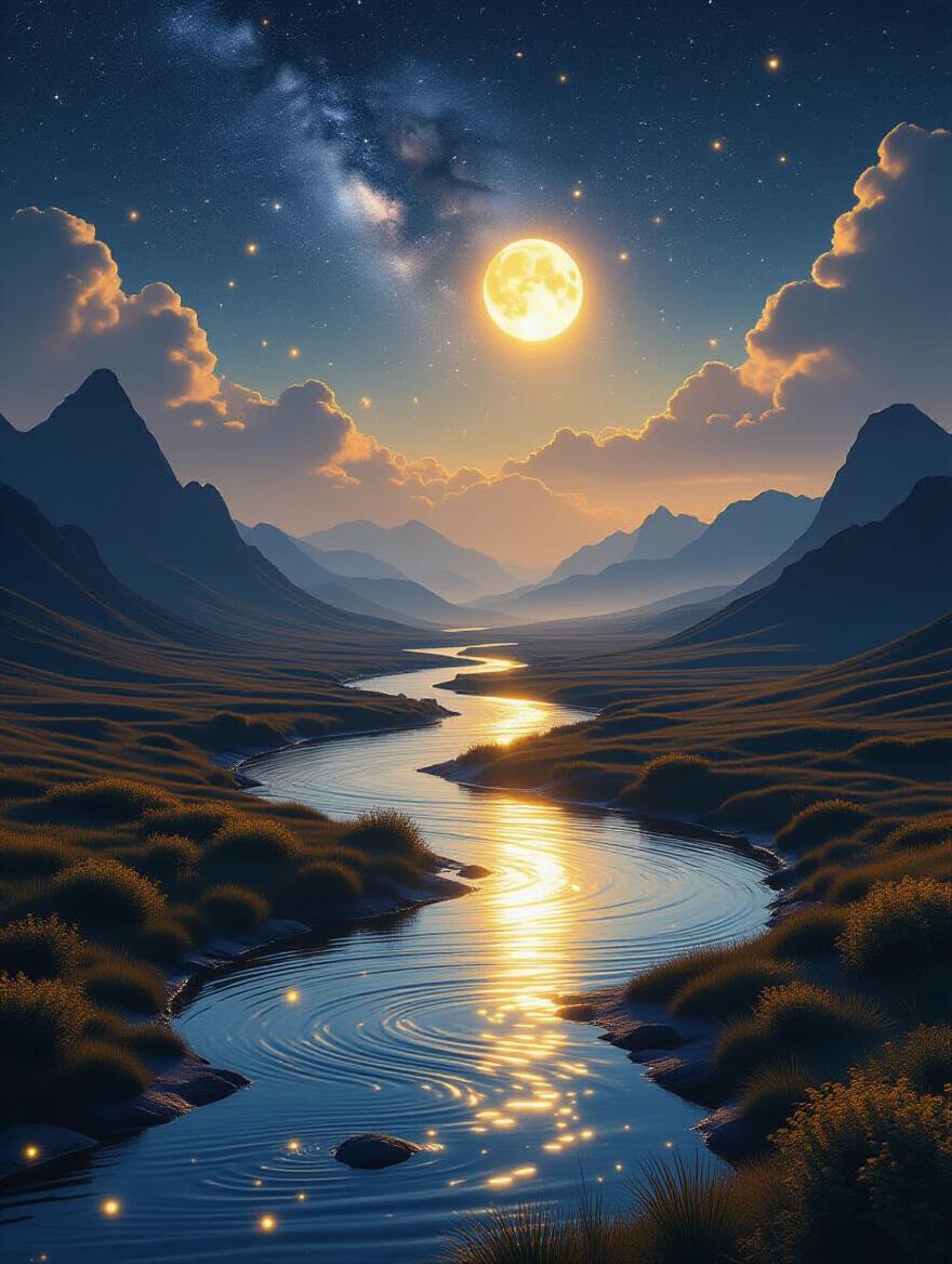 A photorealistic silver river glows under a golden moon. The surreal terrain features soft mists with ambient fairycore accents. The sky is filled with stars and cosmic haze, creating a cinematic atmosphere.