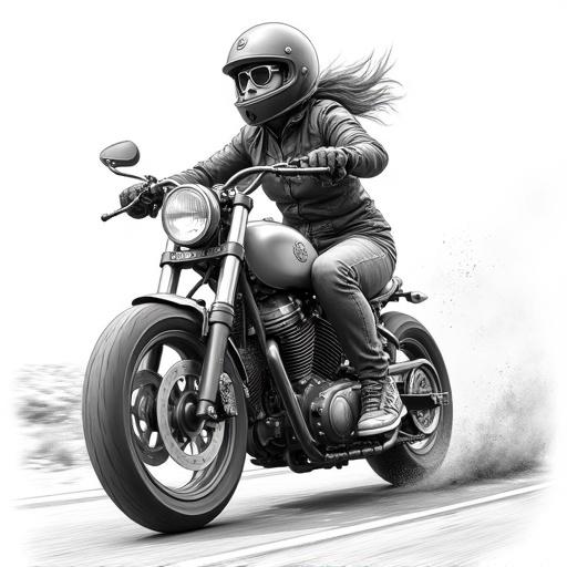 Dynamic image of a person riding a vintage or custom motorcycle in action. Wearing a helmet with aviator goggles raised on the forehead, fitted biker jacket, pants, and gloves. Detailed motorcycle features include visible engine, side bags, big headlight, and robust tires. Low angle perspective highlights speed. Blurry background suggests rapid motion.