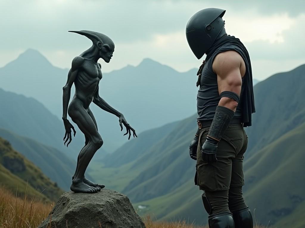 In this striking image, a muscular, helmeted figure stands facing a mysterious alien-like creature poised on a rock in a mountainous landscape. The beings are juxtaposed against the backdrop of rolling hills and distant mountain peaks under a moody sky, creating an intense and surreal atmosphere. The alien has elongated limbs and exaggerated features, giving it a menacing yet intriguing presence. The muscular figure, wearing tactical gear, appears to be either guarding or confronting the creature. Overall, the scene creates a captivating mix of both tension and intrigue.