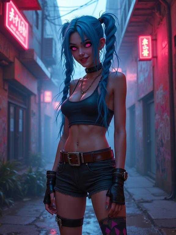 Cinematic portrait of a young woman with long blue twin braids wearing a punk outfit. She is standing in a neon-lit alley. The atmosphere is grungy with smoke and graffiti. The style resembles animated artworks. The lighting is moody and vibrant.