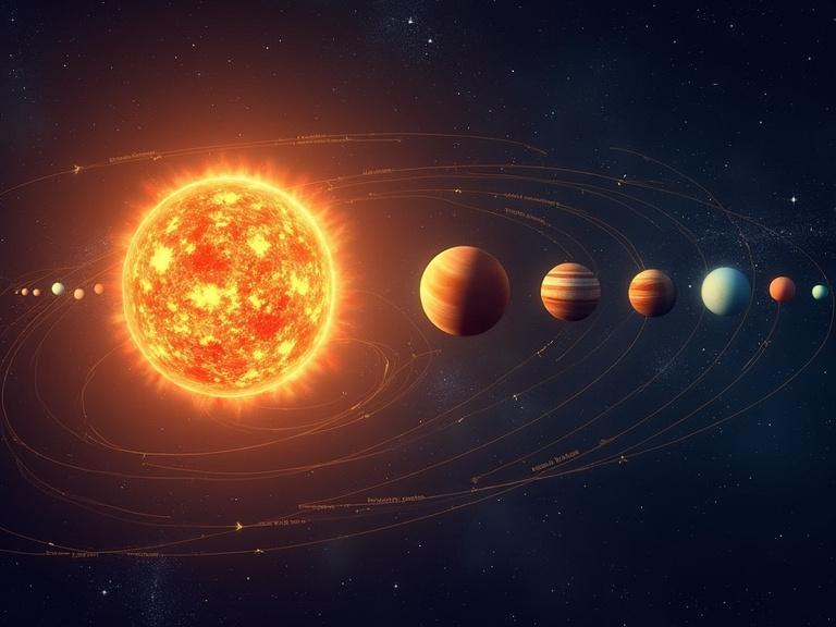 Illustration of the solar system showing all planets. Planets are clearly labeled with readable names. The Sun is prominently displayed, surrounded by planetary orbits. Diagram is educational in style and suitable for teaching purposes.