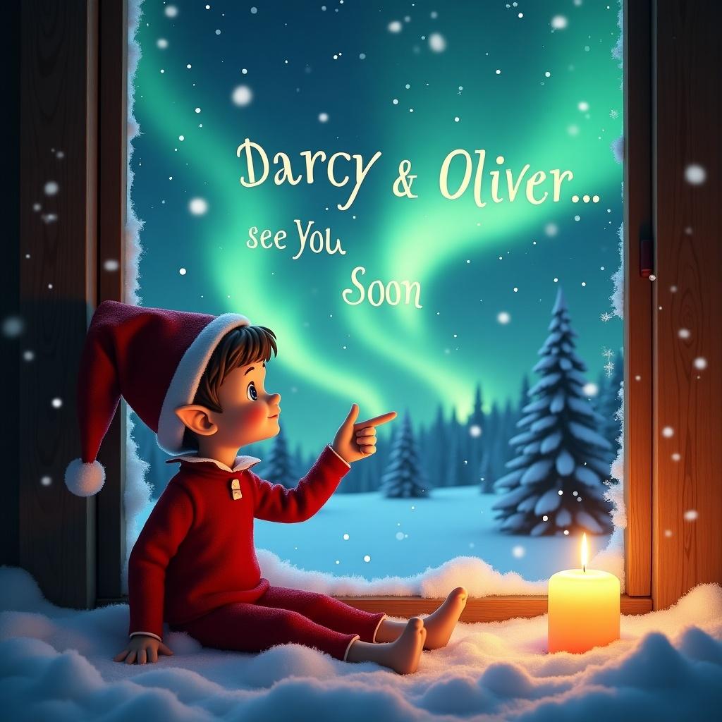 The image features a young elf dressed in a bright red outfit and hat, sitting by a snowy window. Outside, the enchanting northern lights illuminate the night sky with hues of green and blue. The elf is playfully pointing as if to write 'Darcy & Oliver... see You Soon' in the illuminated sky above. Inside the cozy room, a warm candle flickers beside the elf, creating a comforting glow. Snow softly blankets the scene outside, enhancing the magical winter atmosphere.