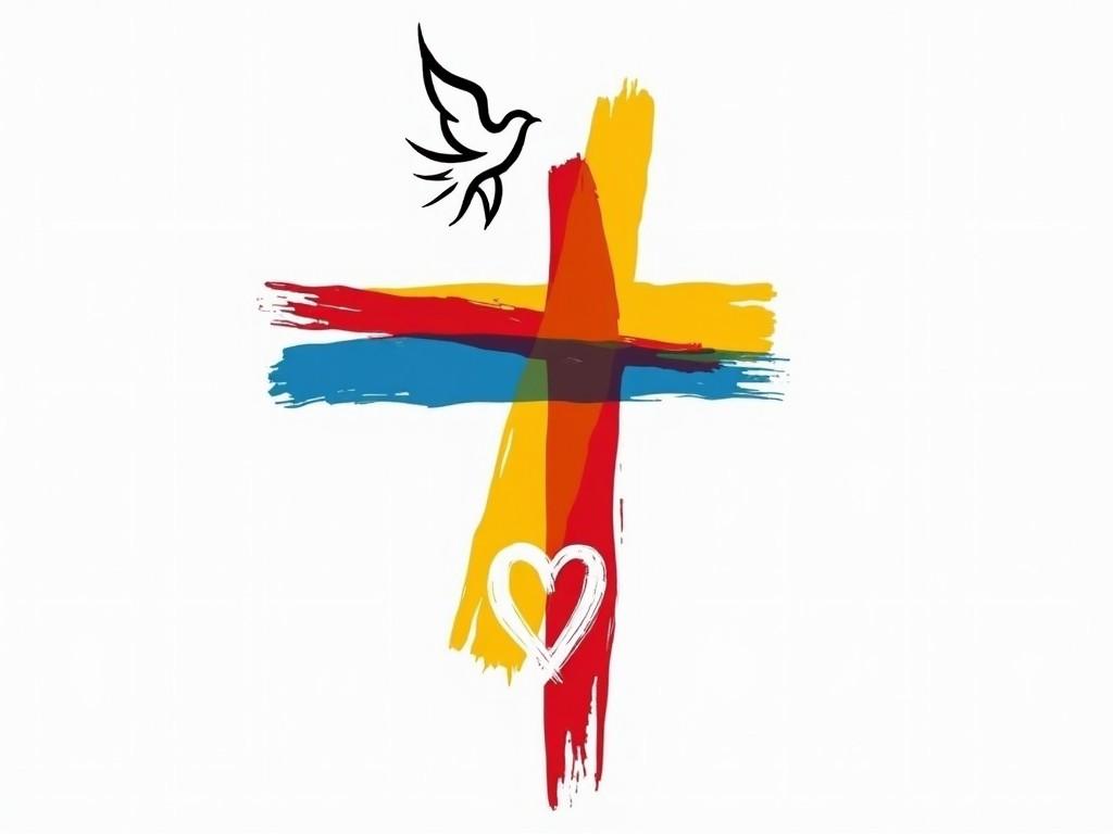 This image features a modern artistic interpretation of a cross, highlighted with vibrant colors like yellow, red, and blue. Above the cross, there is a dove, symbolizing peace and the Holy Spirit. A heart is drawn below the cross, representing love and compassion. The background is simple and white, making the colors pop. This artwork conveys a message of hope, faith, and love, making it suitable for various religious and community contexts.