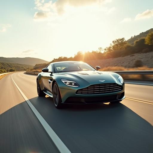Aston Martin driving on a highway during bright daylight. Lots of detail in the surroundings and the car. White light enhances the scene.