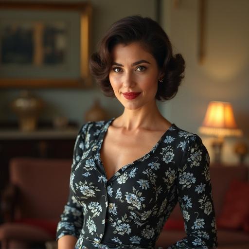 Charming housewife with a vintage aesthetic. Close-up portrait captured in a vintage living room. Features a 1950's hairstyle and a vintage black and blue floral dress. Red lips and a soft smile. Focus on the face and warm, inviting lighting.