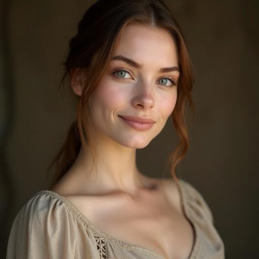 8K portrait of a stunningly beautiful European village woman. She has porcelain fair skin and soft maternal aura. Warm almond-shaped eyes with long lashes. Gracefully smiling with a gentle expression. Natural light brown hair tied neatly. Wearing a flattering linen dress in earthy tones. Ample bust visible through fabric with elegant cleavage. Highly detailed and realistic. Clean background.