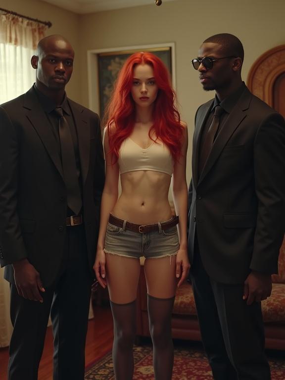 A red-haired white woman stands center in a living room. She is flanked by two men in black suits. The woman wears a micro skirt, crop top, and thigh highs. The scene evokes a sense of tension.