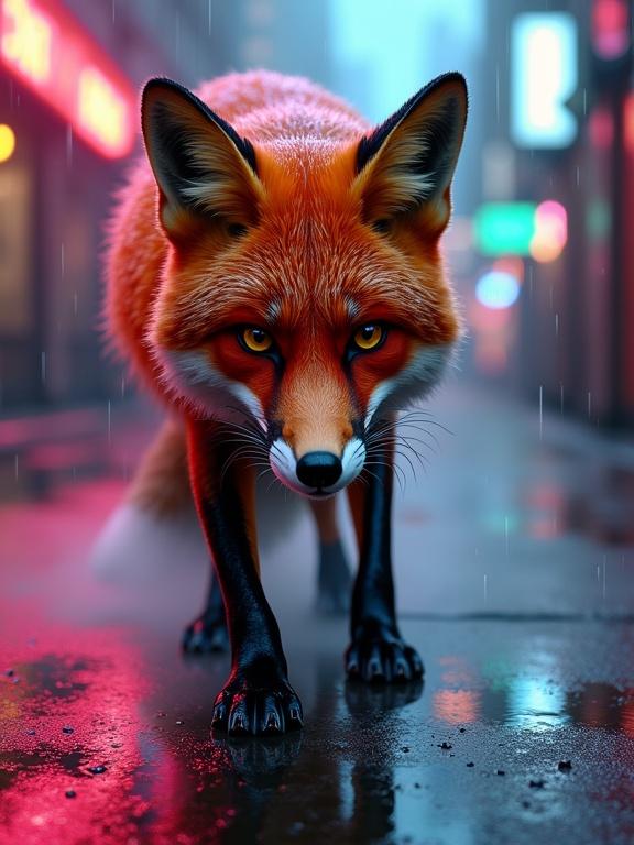 A cybernetically enhanced red fox with chrome fur prowls through a neon alley. Rain slicks the ground. Colors reflect off its fur. Mist curls around its paws. Shot is low-angle. Light is dramatic with deep shadows. Scene has a cyberpunk noir feel. Rendered in ultra-detail.