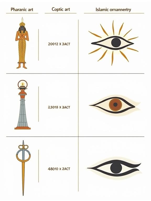 Visual infographic showing symbols from Pharaonic Coptic and Islamic art. Three rows; each row features a symbol from each art style. Clean layout with white background. Contemporary aesthetic.
