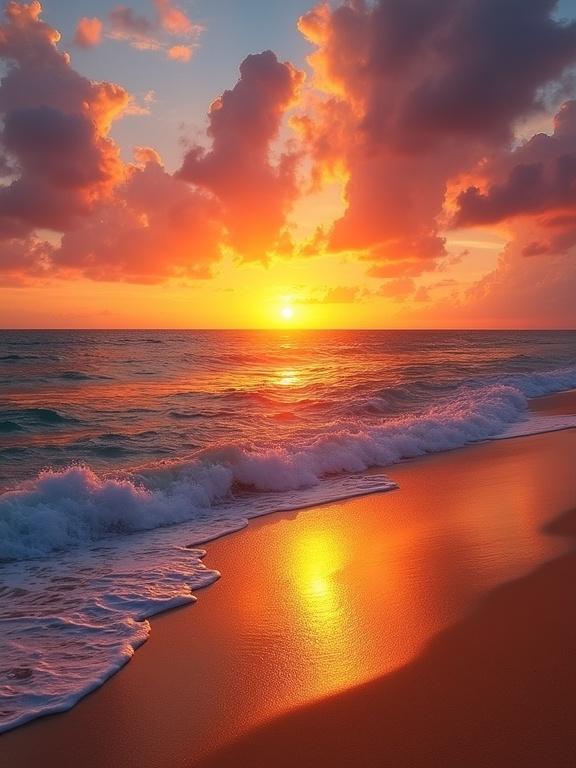 Breathtaking ocean sunset at tropical beach featuring dramatic sky and vibrant colors. The setting sun reflects golden light on the waves and wet sand. Gentle waves rolling in the foreground provide contrast to the deep colors of the ocean. Warm atmosphere with soft clouds illuminated by sunset.
