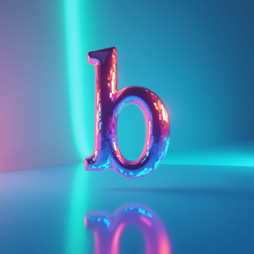 A 3D rendering of the letter 'b' with a pixelated, reflective surface and vibrant neon lighting.