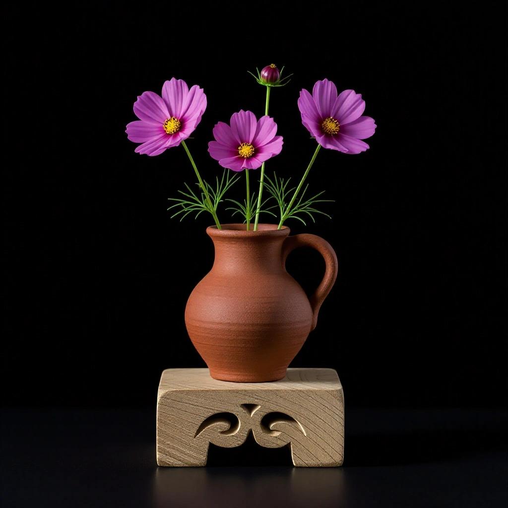 A minimalist still-life with a terracotta pitcher on a carved wooden pedestal. The pitcher holds three cosmos flowers. The scene has a black background and soft light creating a serene atmosphere.