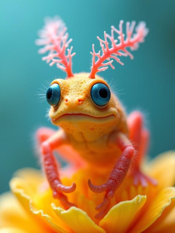 Vibrant fantasy amphibian-like creature with large eyes rests atop a colorful flower. Features rounded hybrid shape, crab-like limbs, and coral-like antennae. Setting has an aqua blue background and soft, colorful petal-like surface.