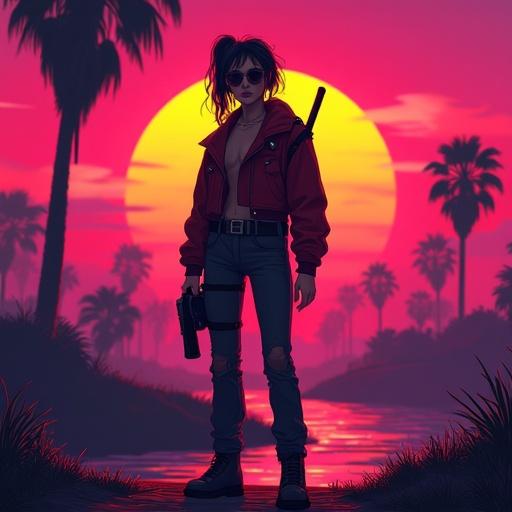 GTA sunset scene featuring a retro synthwave girl as the main character on an album cover titled 'The Digital'. Vibrant sunset with palm trees in the background.