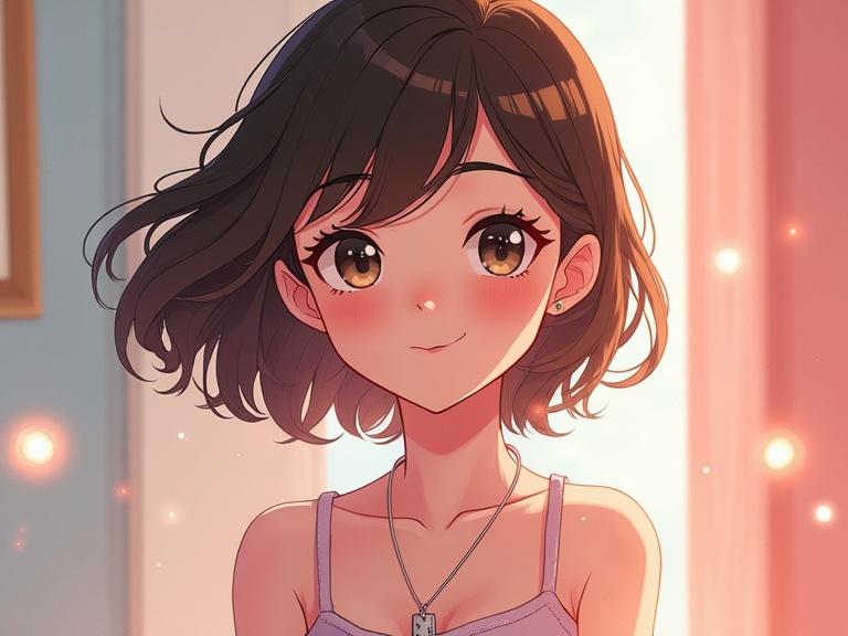 A beautiful girl in animation style with a charming smile and soft lighting. She has short hair, wearing a necklace, with a cozy background.