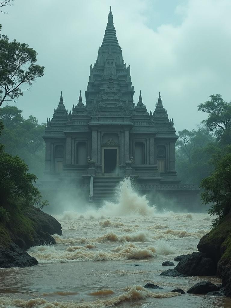 The temple stands strong surrounded by raging floodwaters. The scene conveys resilience amid vulnerability. Misty atmosphere enhances the dramatic impact of the disaster.