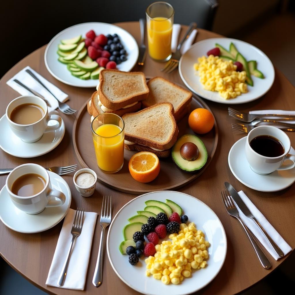 table is full of breakfast varieties. It includes toast sandwiches. There are scrambled eggs. Avocado is placed on plates. There are cups of coffee. Yoghurt has berries on the side. Apples and an orange are included as well.