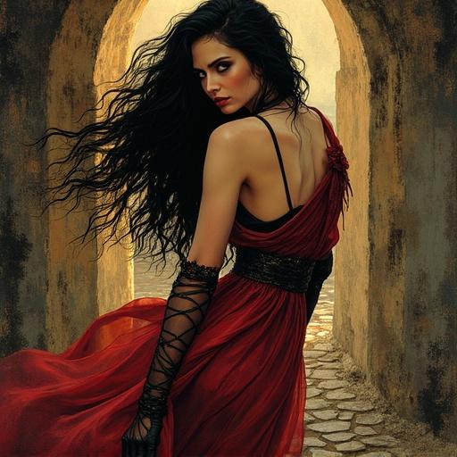 The Morrigan from Celtic mythology in an artistic erotic comic style. Semi-dressed with detailed features. Warm colors create an enveloping atmosphere. Influenced by Milo Manara's style. High level of detail and dramatic contrast in lighting.