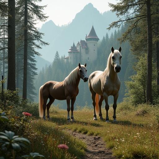 Two unicorns stand in a forest with a castle and mountains in the background. Scene includes trees and ground features, creating a mystical ambiance.