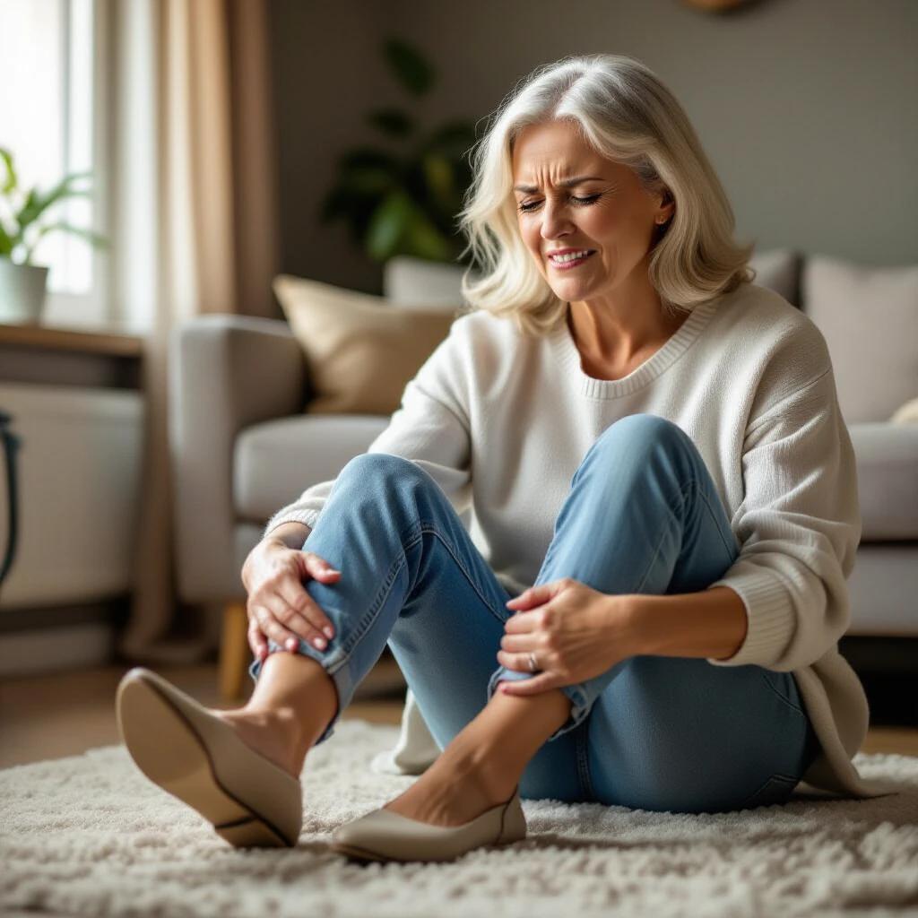 Woman sitting on a beige rug in a cozy living room. She appears to be in discomfort while holding her knee. She wears a casual sweater and denim jeans. Neutral colors dominate the room with plants in the background.