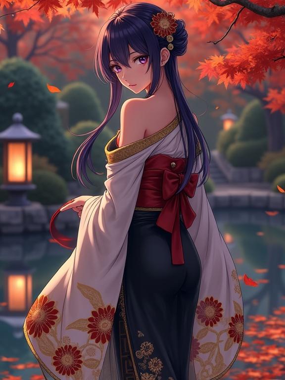 Full-body anime character in a Japanese garden at night during autumn. Long dark violet hair styled with kanzashi. Calm confident expression with violet eyes. Wearing luxurious kimono with golden chrysanthemum patterns. Near koi pond with fallen maple leaves and traditional lanterns. Scene is peaceful and magical with reflections in water.