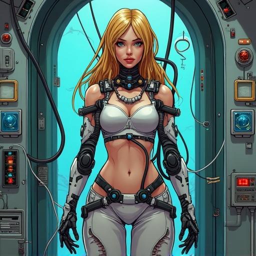 Cartoon hand-painted style of female cyborg connected to life support system onboard spaceship. Lots of wires in the background.
