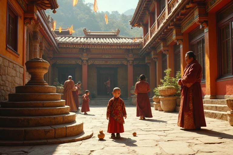 A wide-angle view of a bustling Tibetan courtyard with a child playing near a stone fountain. Parents oversee activity dressed in elegant Tibetan attire. Servants carry baskets of grain. The scene is filled with colorful textiles and sunlight.