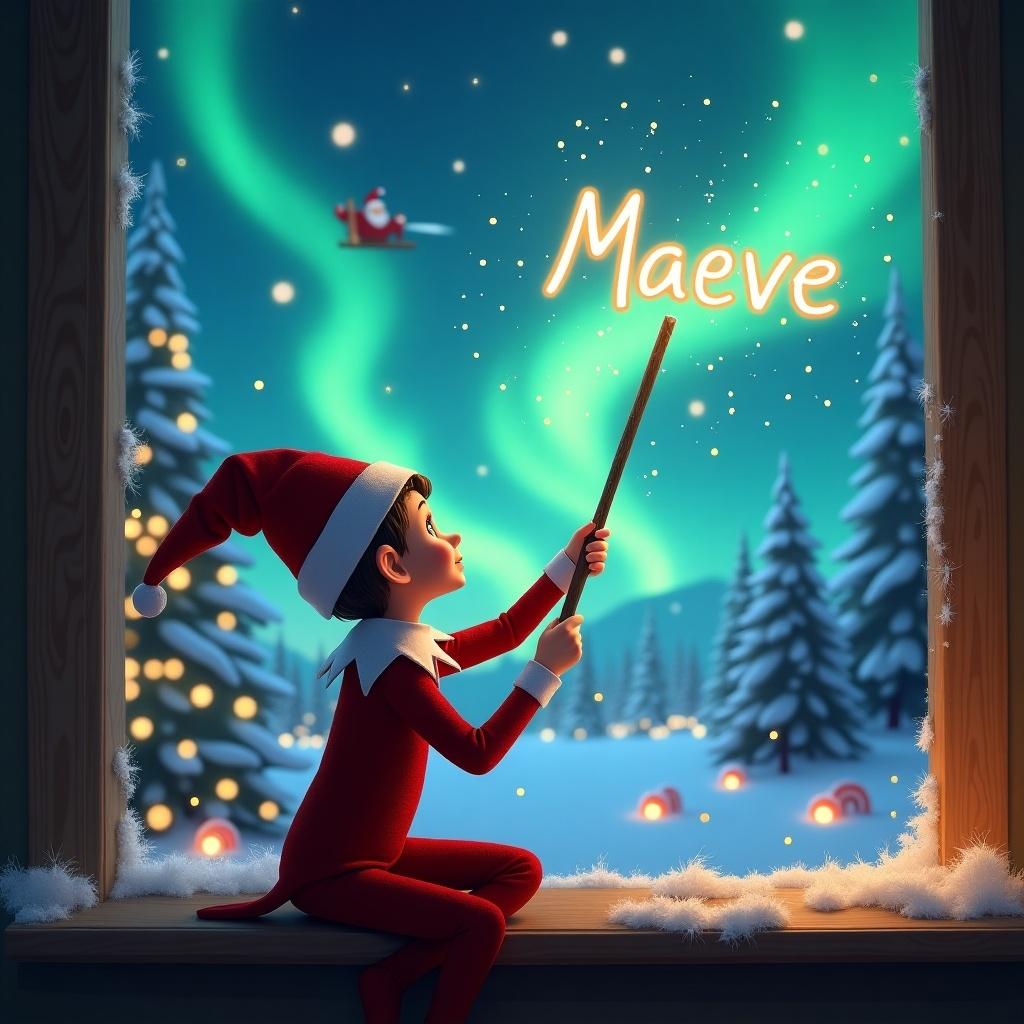 An elf sits in front of a window, his back towards the viewer, gazing at the enchanting Northern Lights. Using a magic wand, he writes the name 'Maeve' in shimmering light. The background is filled with Christmas trees adorned with lights, and distant sounds of Santa's sleigh can be heard. Candy canes peek out of the winter snow, enhancing the festive ambiance. This magical scene captures the essence of childhood wonder during the holiday season.